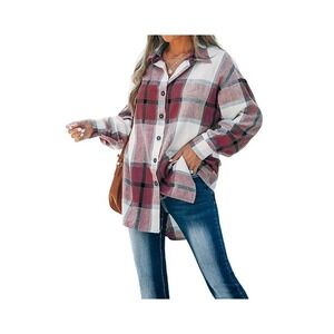 CUPSHE Women Long Sleeve Plaid Button Down Tops Casual V Neck Oversized Shirt S‎